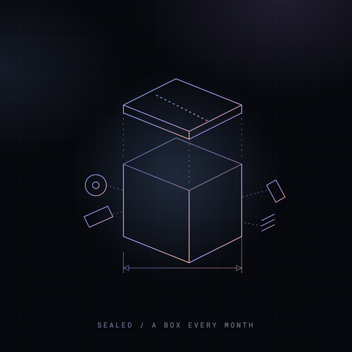 Line drawing of a sealed GoP Toys Club box with its lid lifted and parts floating out